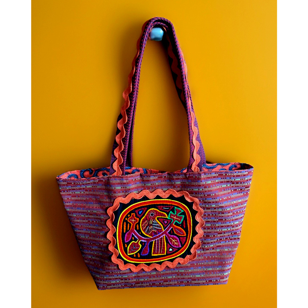 Custom Made Panama Tote Bag Parrot Mola Wine and Salmon Color 20" w x 14"x7"